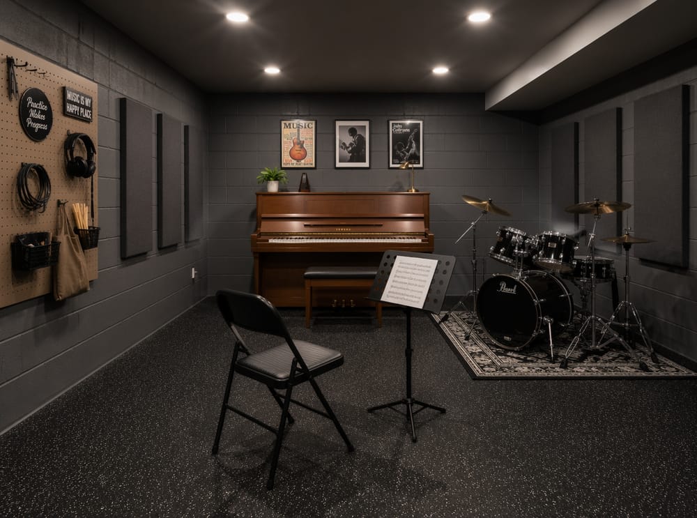 Pannelli acustici e pianoforte nella sala musica del seminterrato