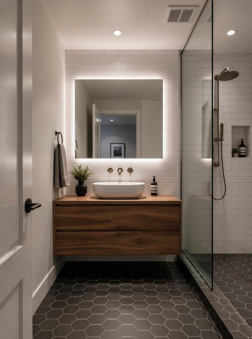 Mobile bagno sospeso in noce con specchio LED in seminterrato
