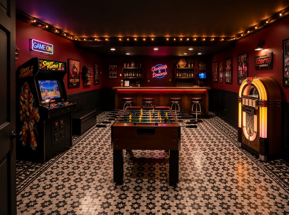 Sala giochi stile retrò con cabinato arcade e calcetto