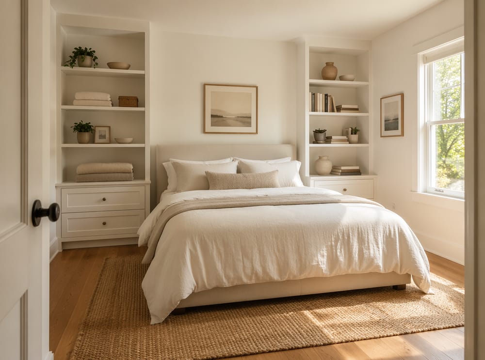 Estanterías integradas a ambos lados de la cama