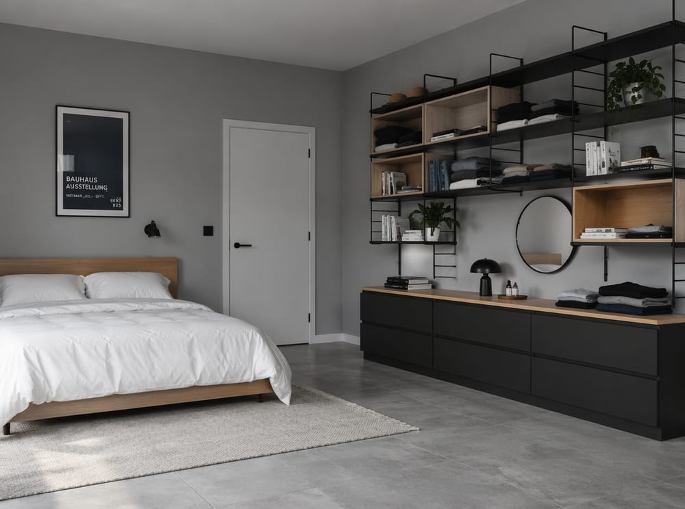 Estante modular en cuadrícula negro mate sobre la cómoda