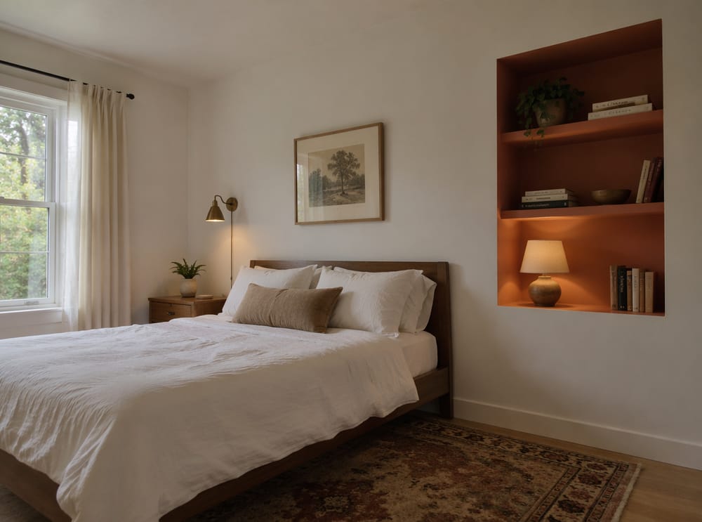 Estantes en nicho pintado de terracota junto a la cama