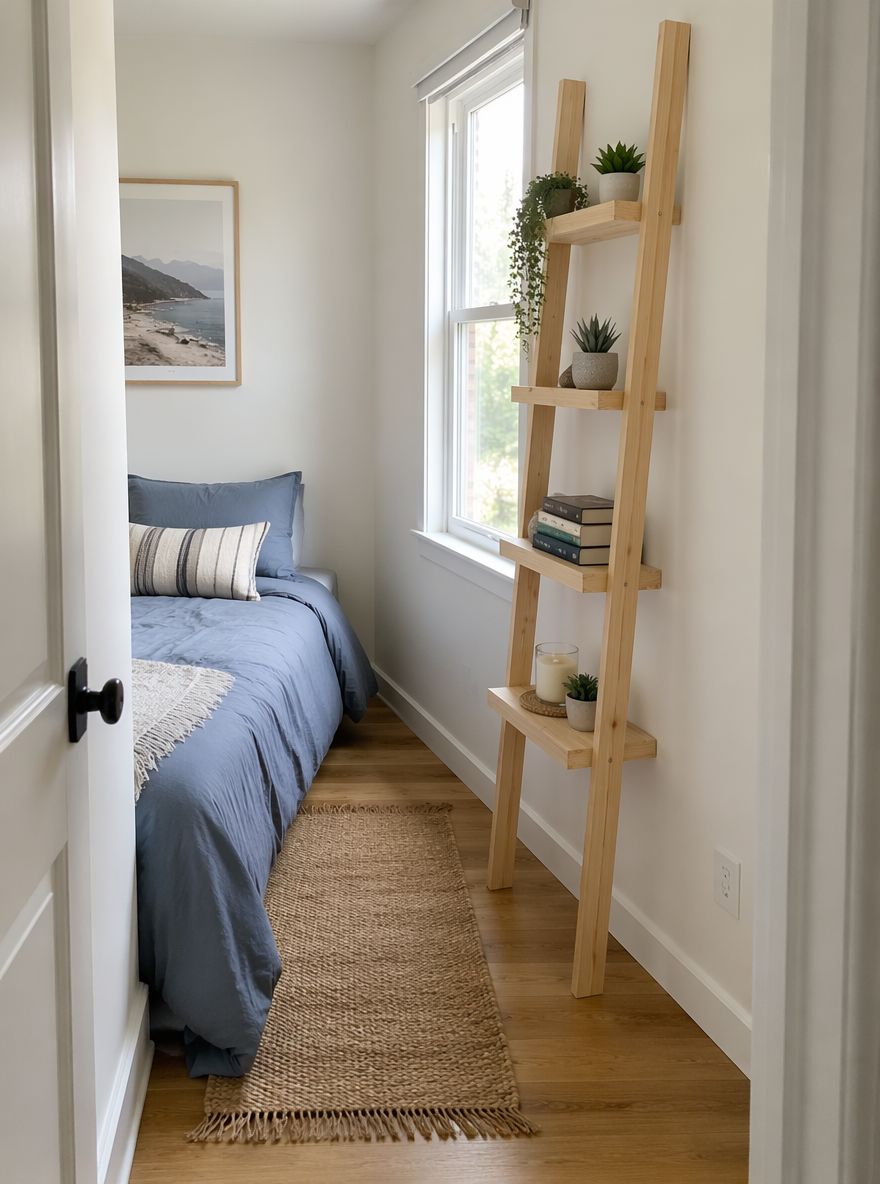 Estantería tipo escalera delgada junto a la ventana en habitación estrecha