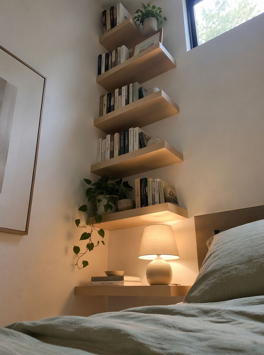Repisas flotantes escalonadas subiendo la pared del dormitorio