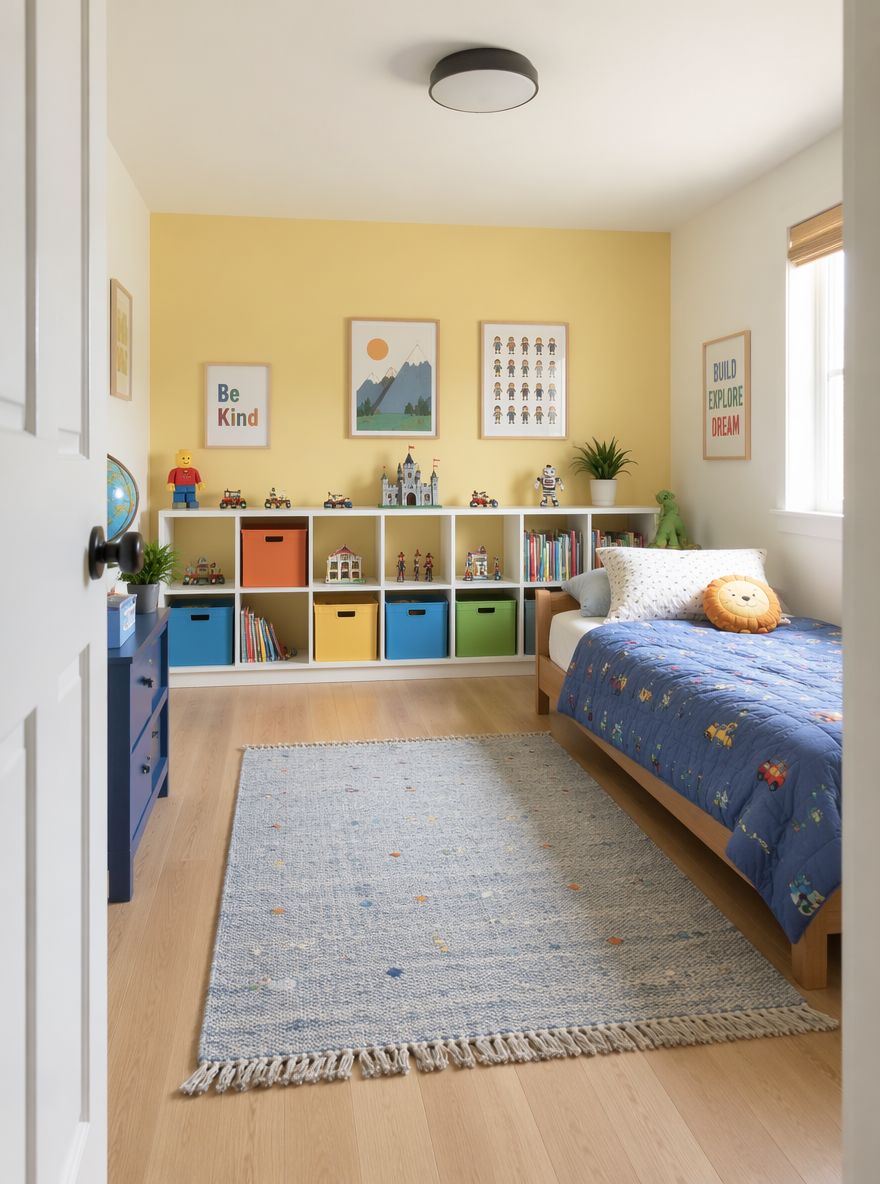 Estantería baja con cubículos recorriendo la pared del dormitorio infantil