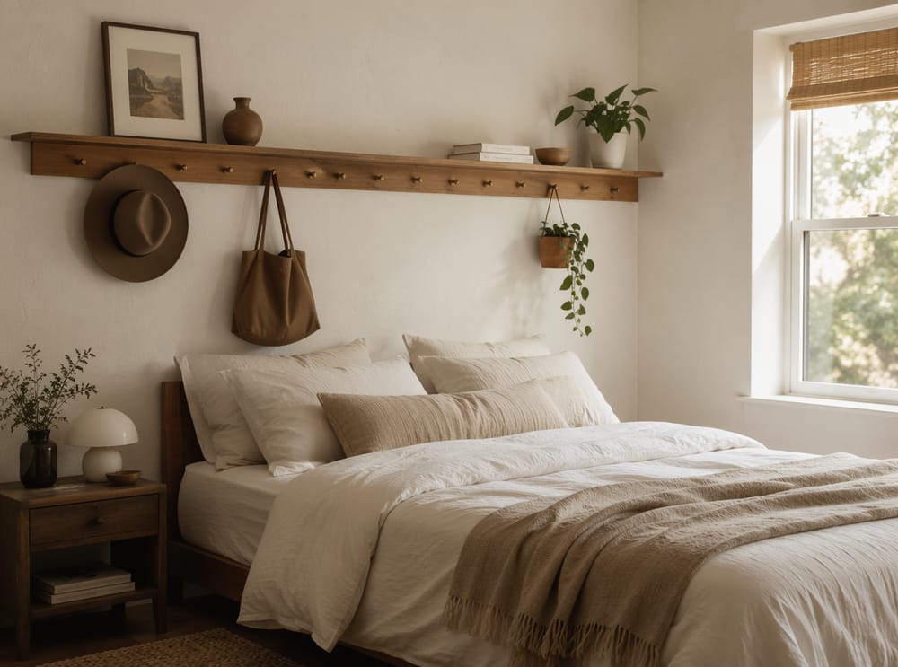 Combinación de riel con perchas y repisa detrás de la cama