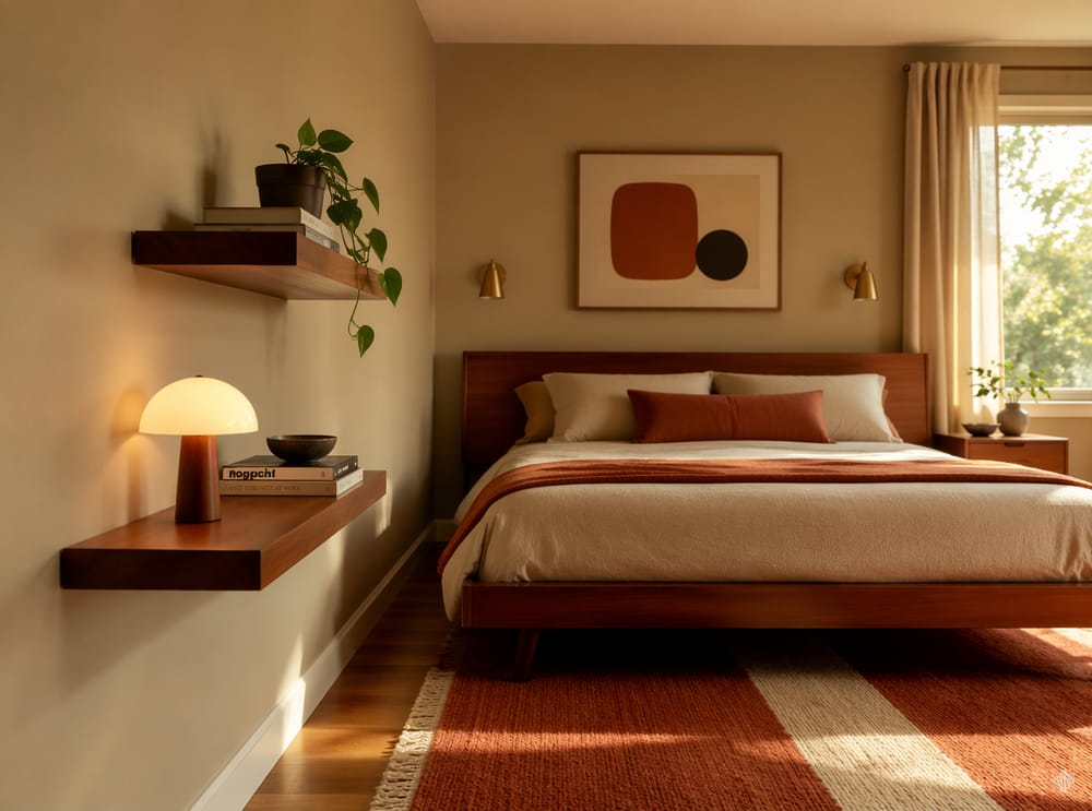 Repisas flotantes de teca en dormitorio de estilo mid-century