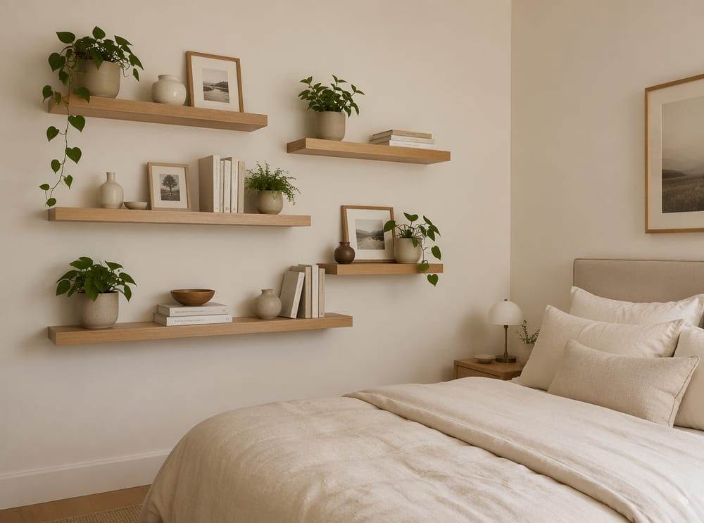 Mezcla de estanterías flotantes estilo galería a la izquierda de la cama