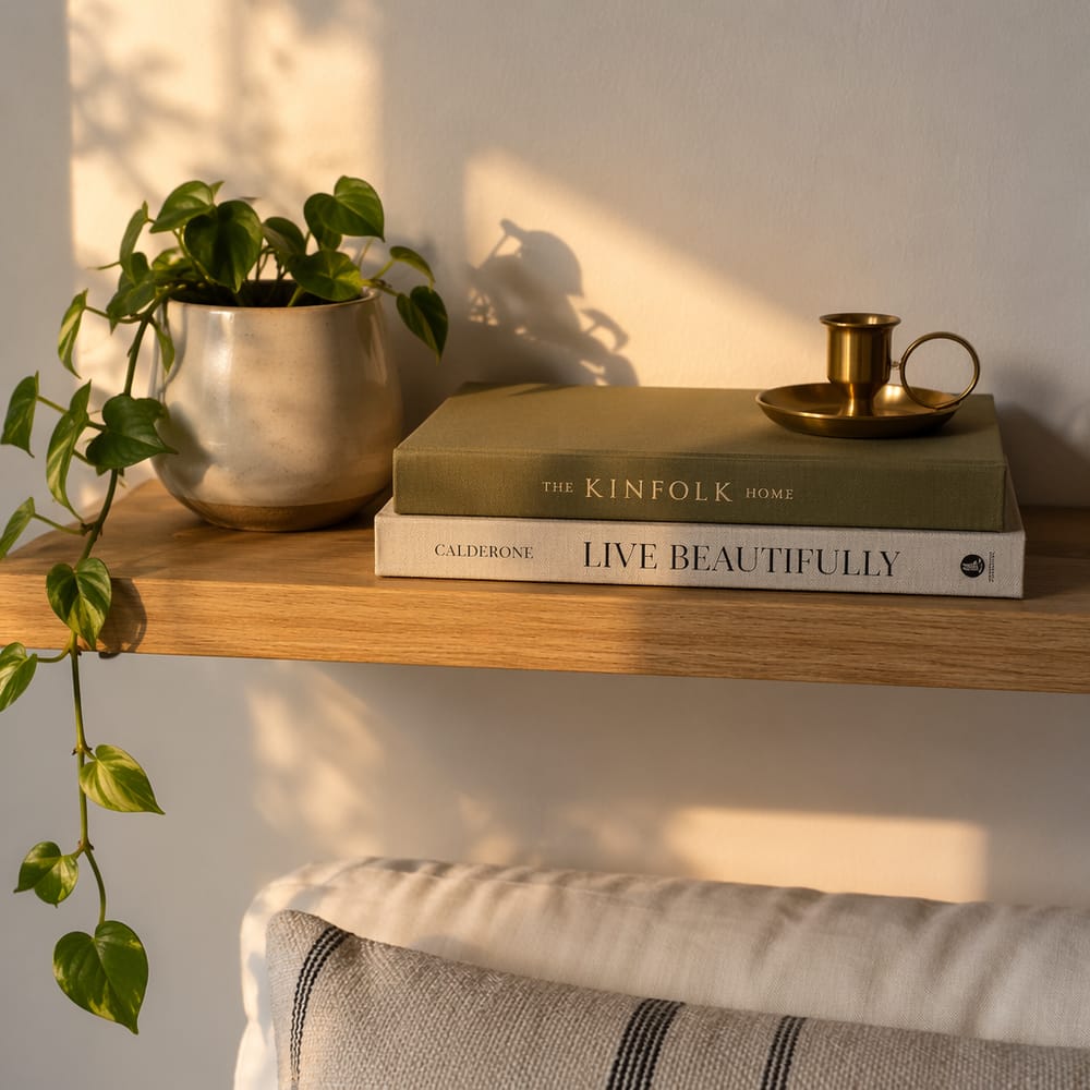Vignette de estante decorado con planta, libros y detalles de latón