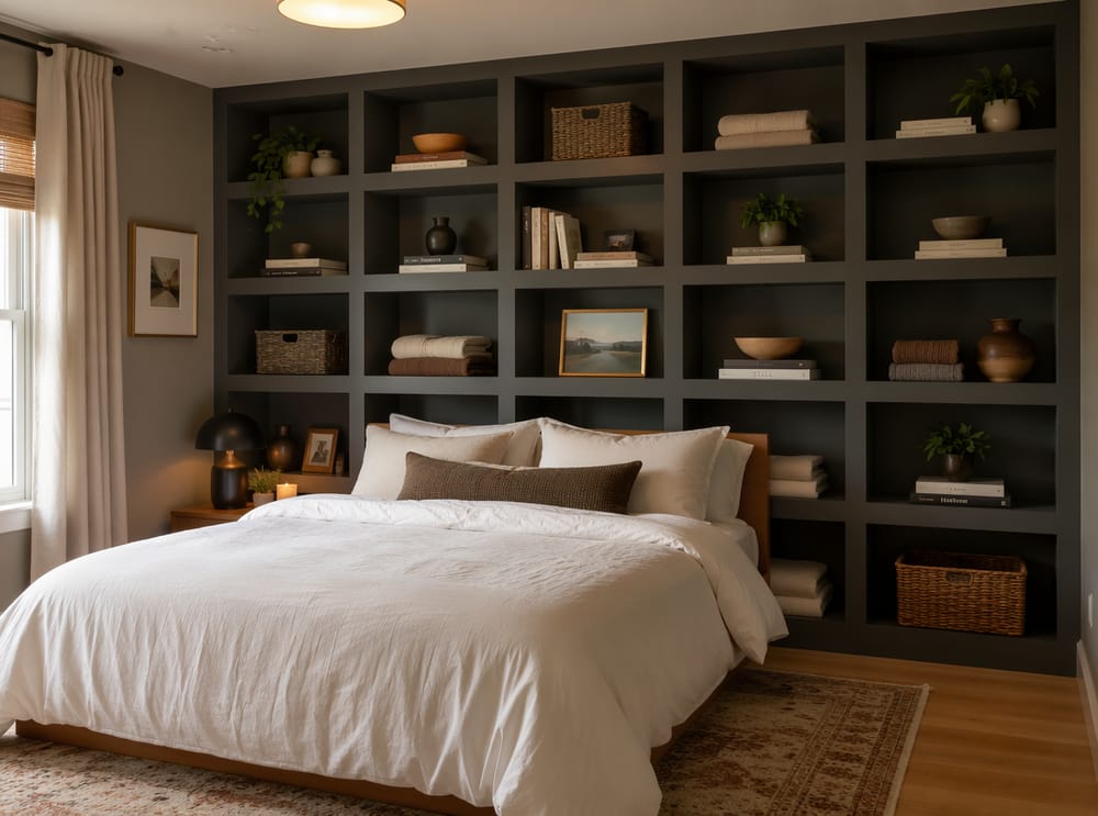 Estantería modular tipo cubículo en cuadrícula carbón tras la pared de la cama