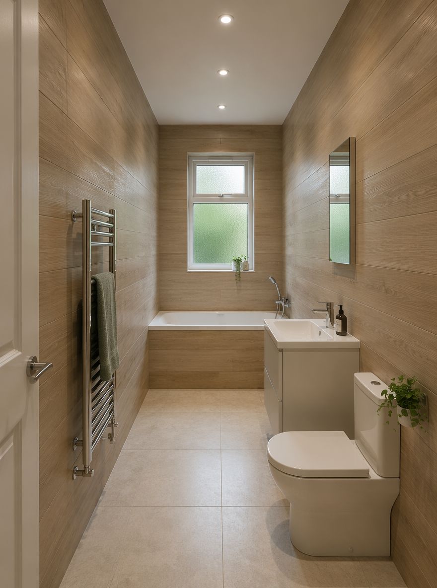 Paneles horizontales efecto madera en un baño alargado