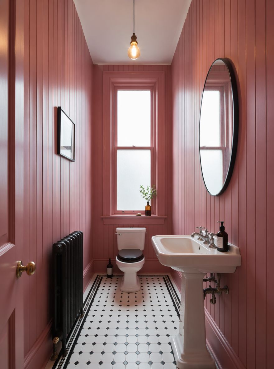 Paneles machihembrados rosa empolvado en baño victoriano