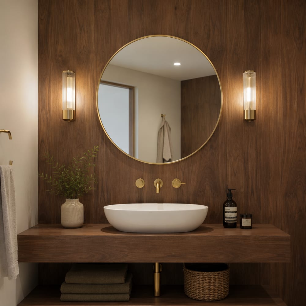 Panel efecto nogal tras mueble lavabo con lavabo sobreencimera