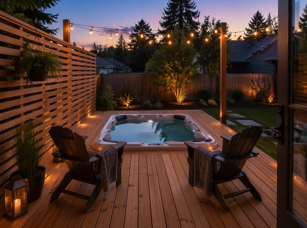 Cederhouten terras met verzonken jacuzzi en latten-privacy scherm