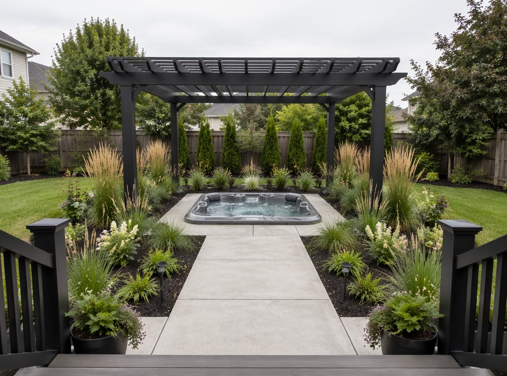 Jacuzzi op grondniveau onder open pergola, symmetrische plantenbakken