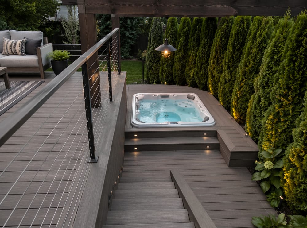 Meerlagig terras, jacuzzi op lager platform, kabelreling