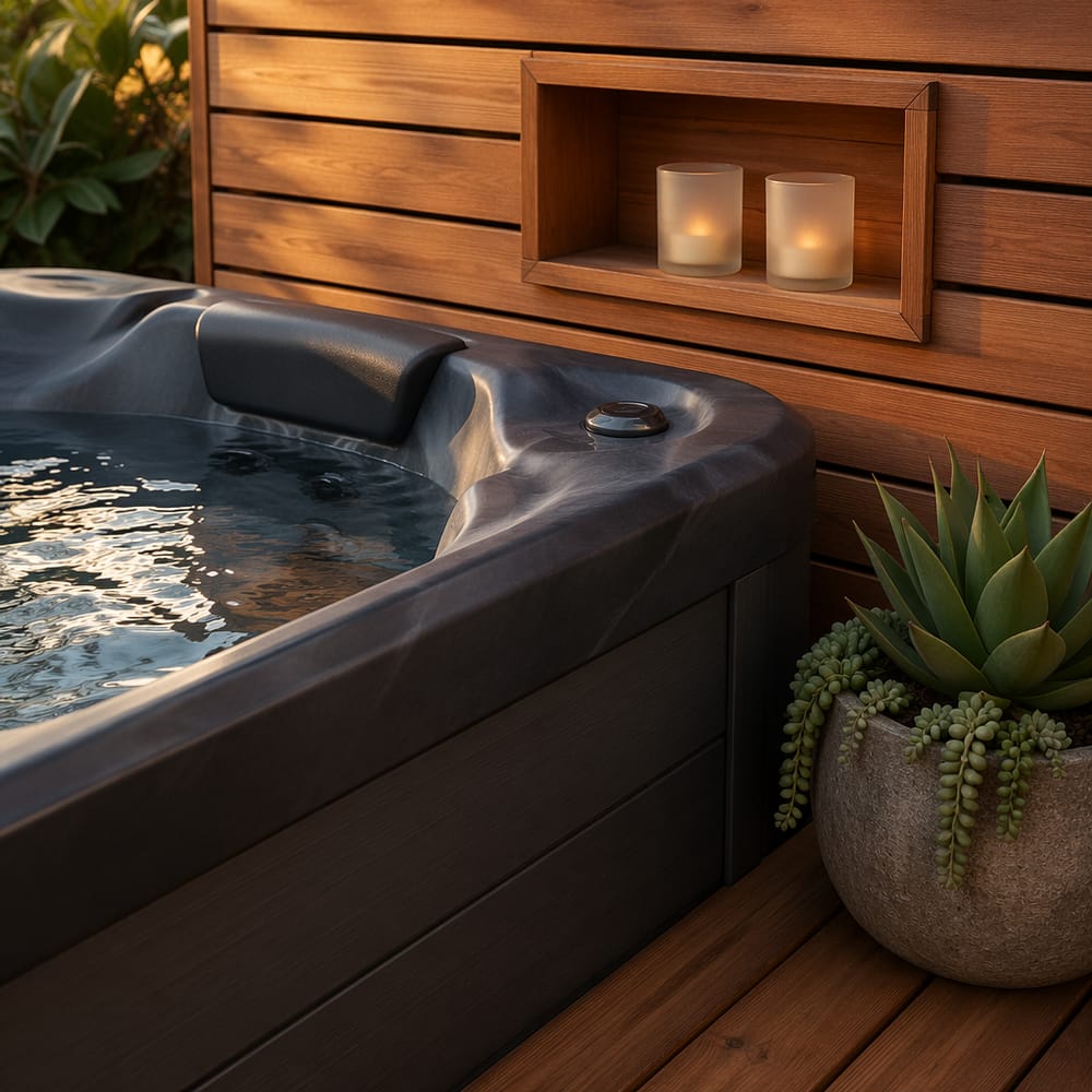 Teakhouten plankdetail, hoek met antracietkleurige jacuzzi