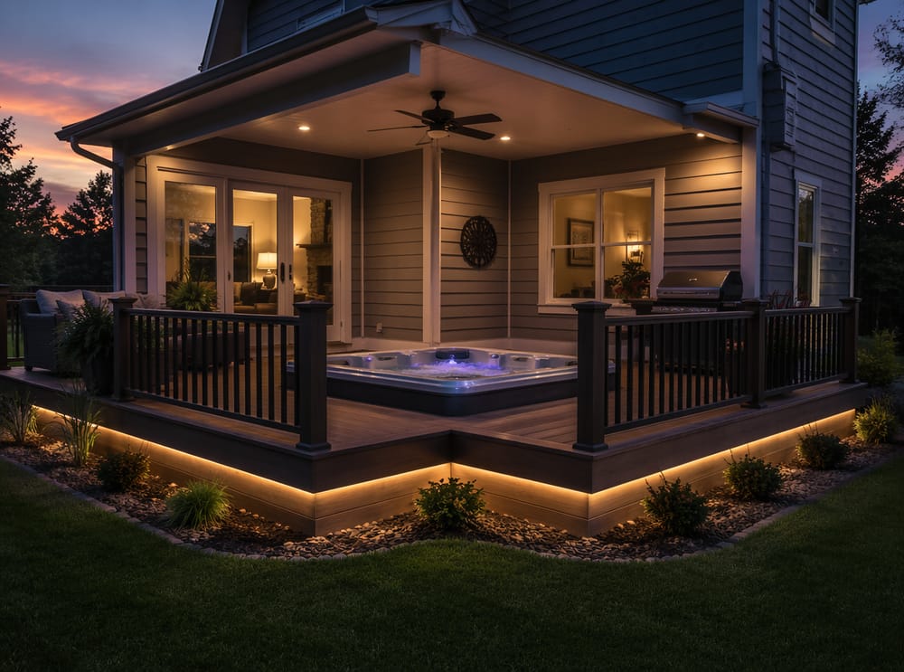 Hoek-terras rondom, overdekte veranda, verlichte relingstrips