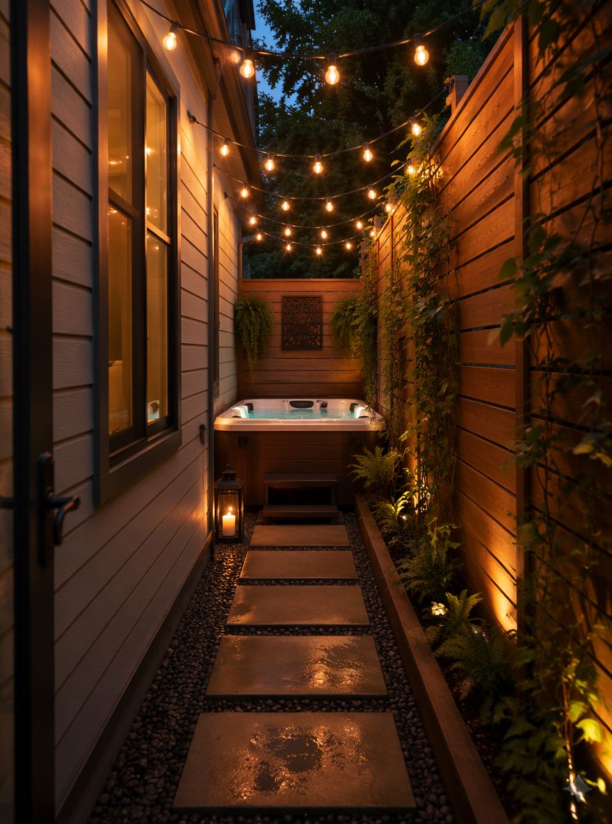 Smalle zijtuin, jacuzzi aan het einde