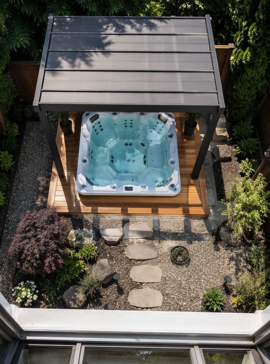 Bovenaanzicht, cederhouten terras, schaduwpatroon van pergola