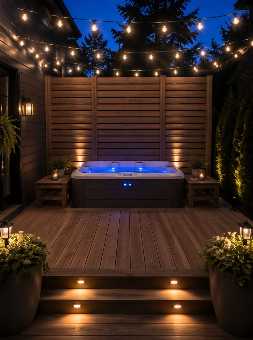 Horizontale cederhouten schutting, LED-verlichte jacuzzi bij schemering