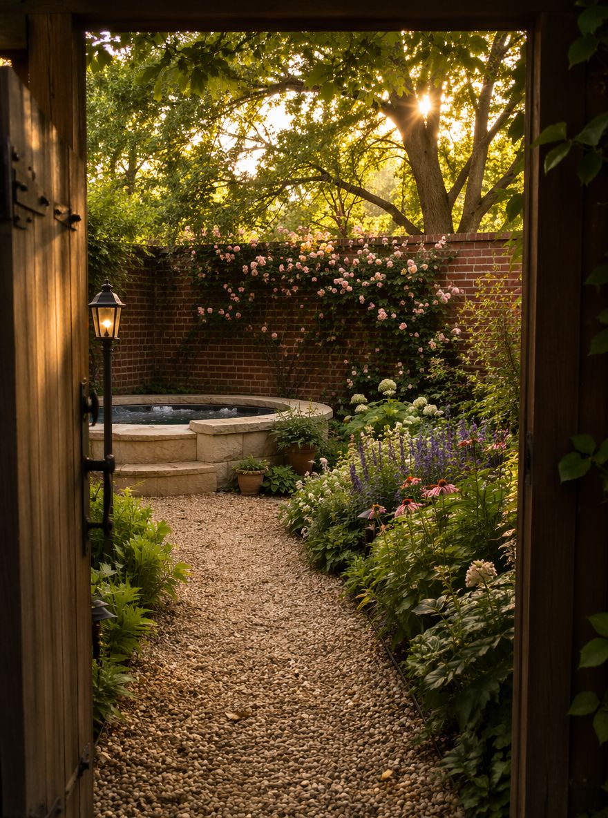 Tuinhoek met muur, omranding van kalksteen, klimrozen