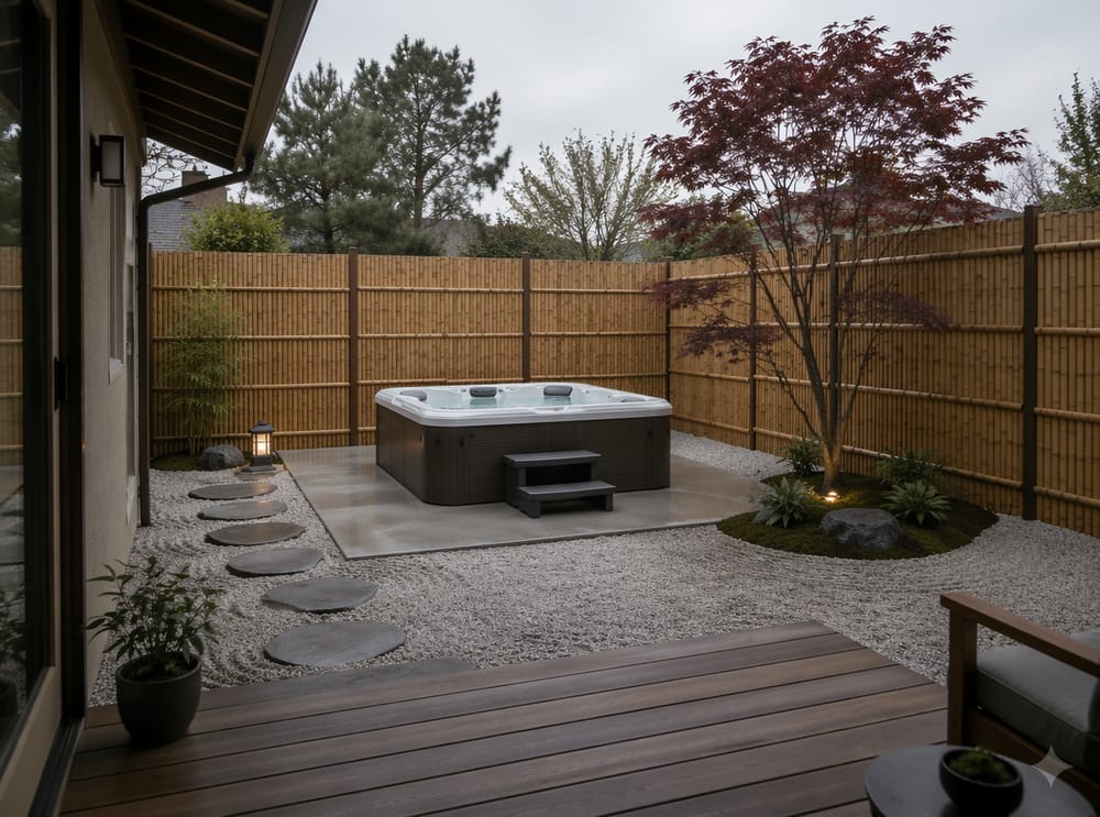 Japanse kiezel tuin, L-vormige bamboe omheining