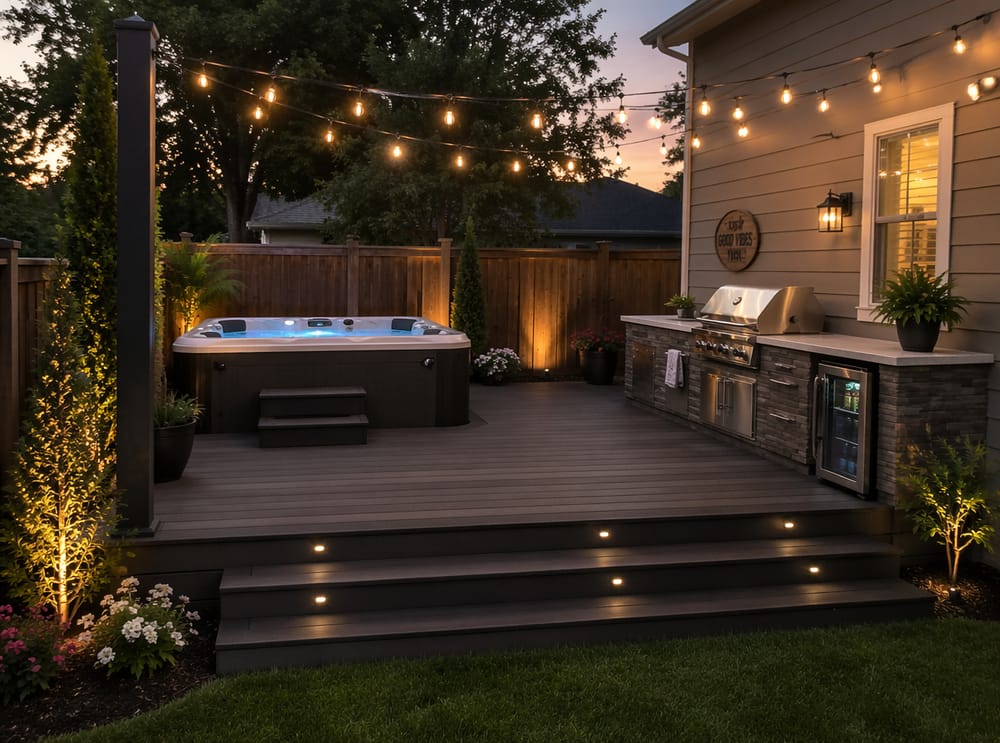 Composiet terras, jacuzzi tegenover ingebouwde buitenkeuken
