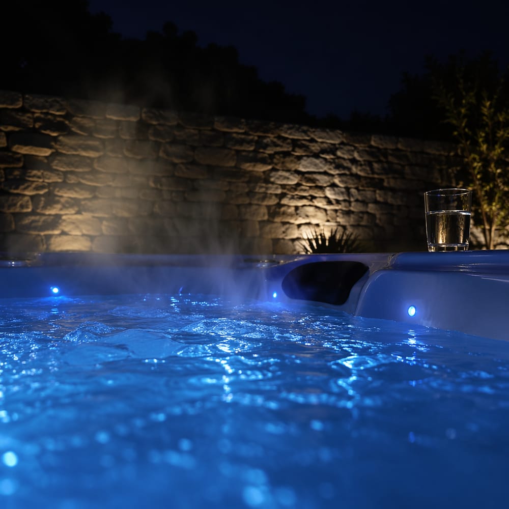 Avondzicht op waterniveau, blauwe LED-gloed, opstijgende stoom