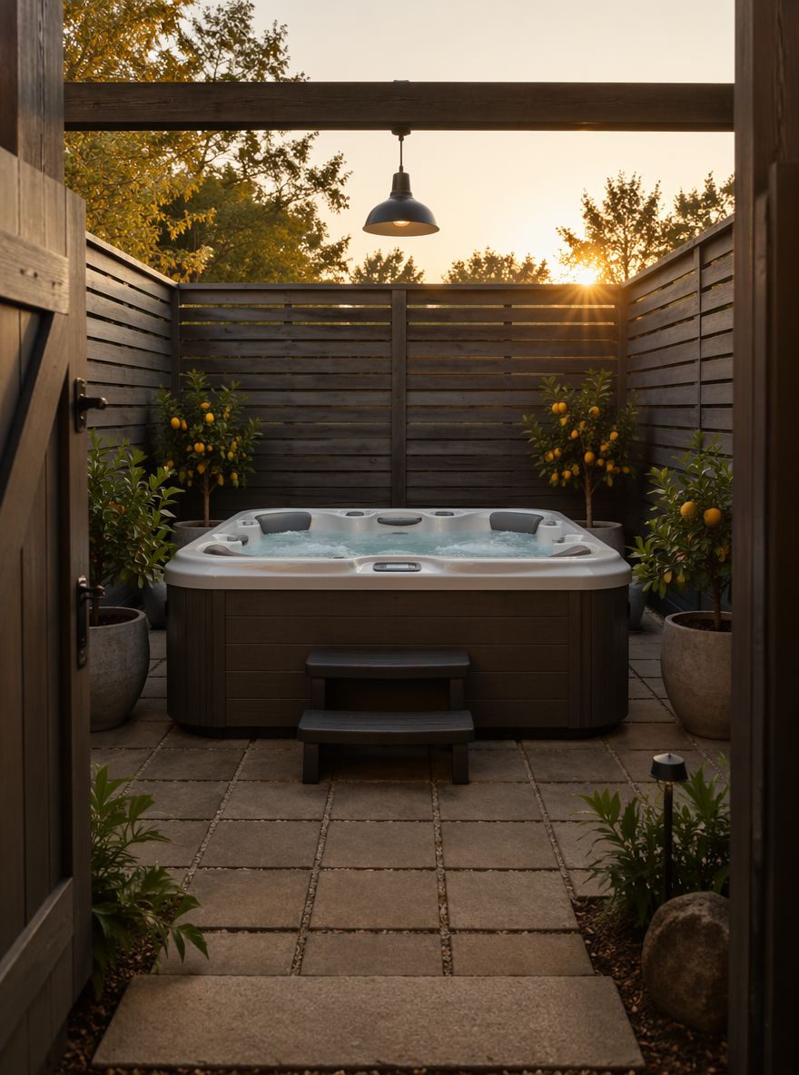 Volledig omsloten terras met tegels, hanglamp, citrus in pot