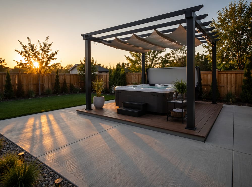 Houten platform in beton, aluminium pergola, schaduwdoek