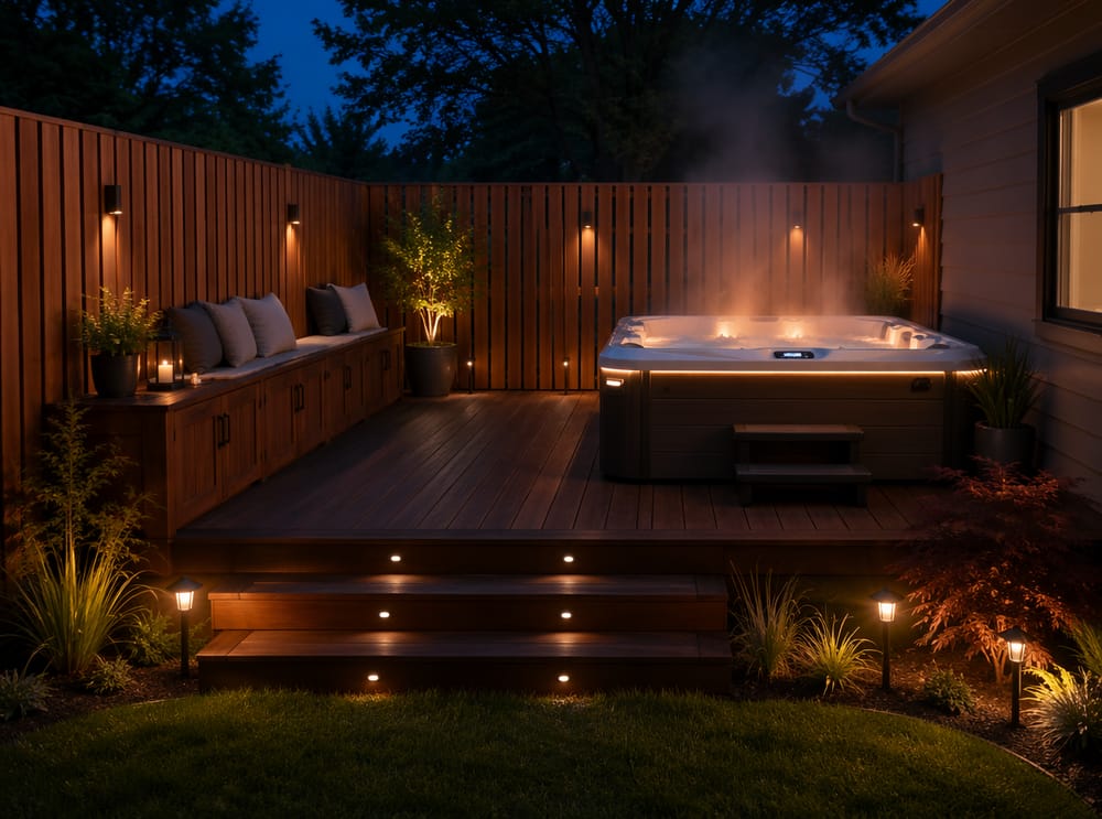 Donker walnoothouten terras, verticale cederwand, stoomstralen in de nacht