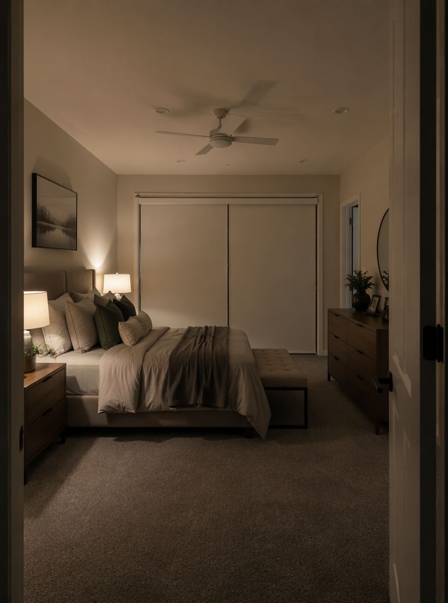 Tende a rullo oscuranti completamente abbassate in camera da letto