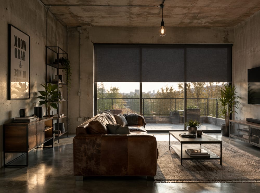 Tenda a rullo ardesia a metà altezza in loft industriale