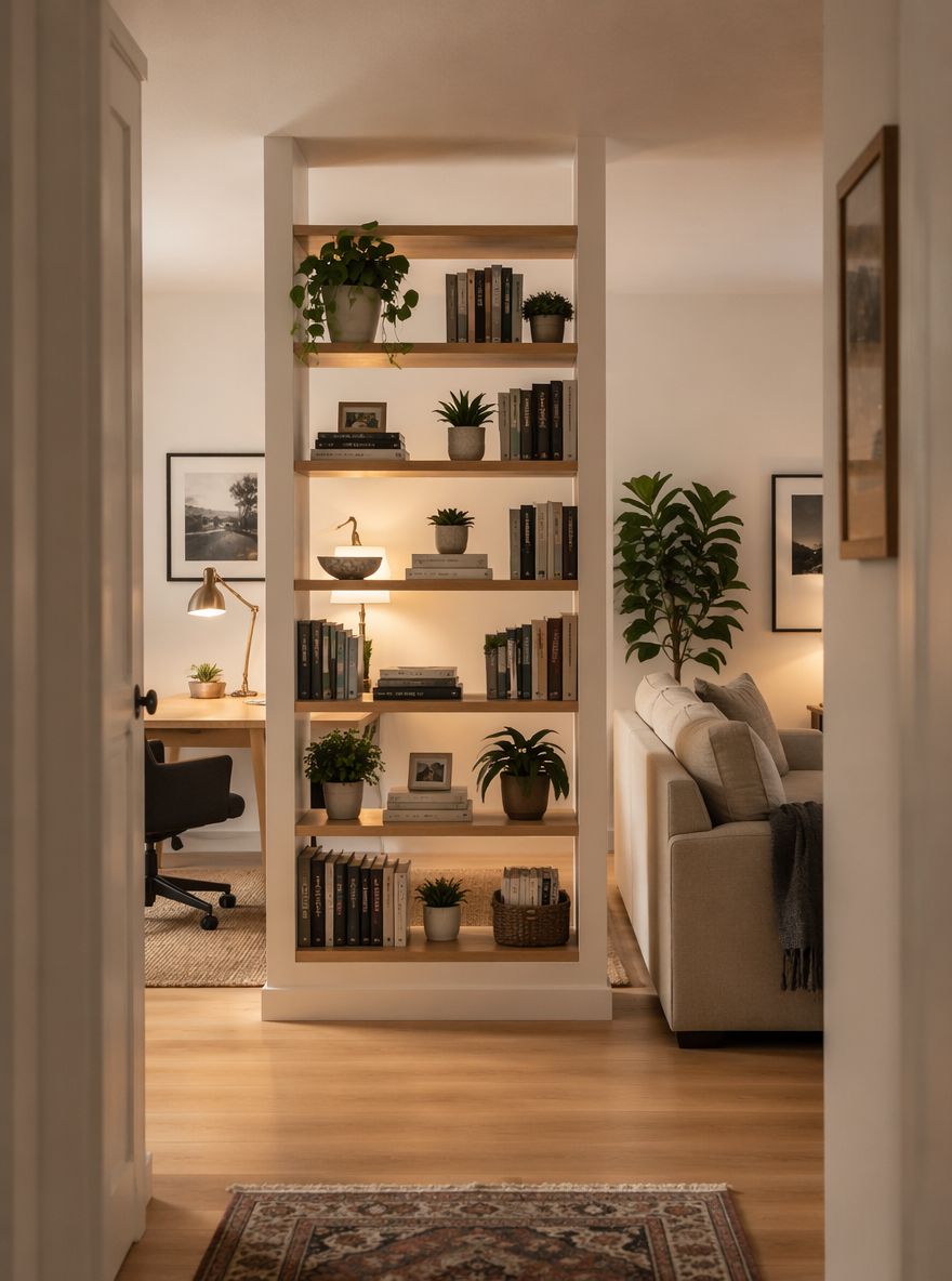 Open shelving partial wall dividing office from living