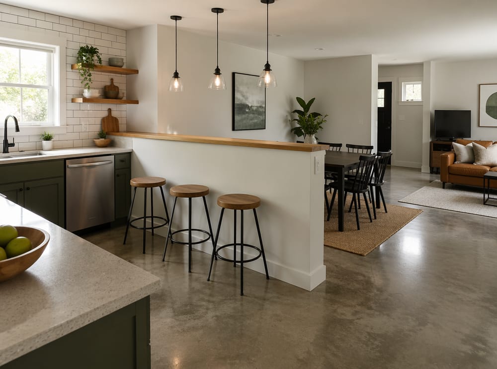 Knee wall with bar stools between kitchen and dining