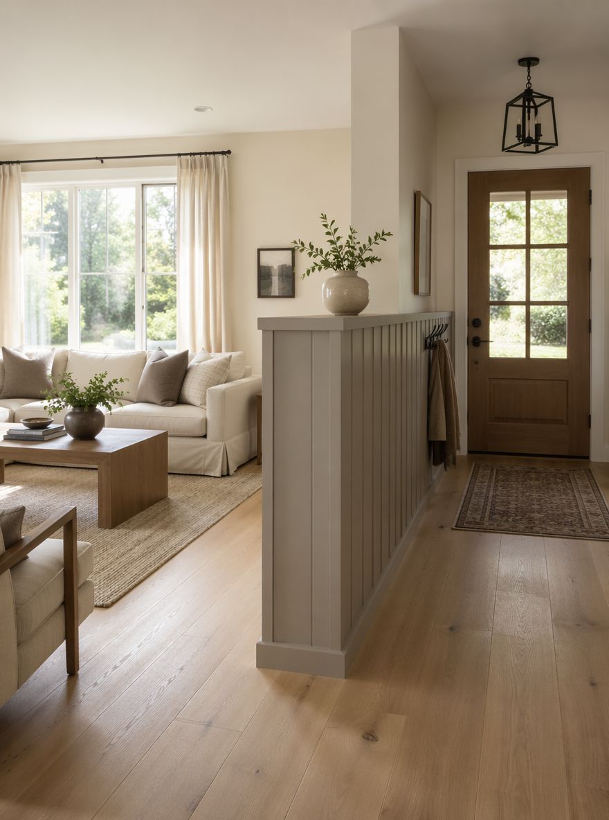 Shiplap foyer divider with cap shelf and hooks