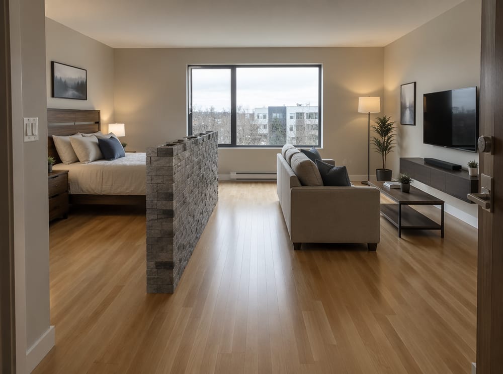 Stone veneer half-wall in a studio apartment