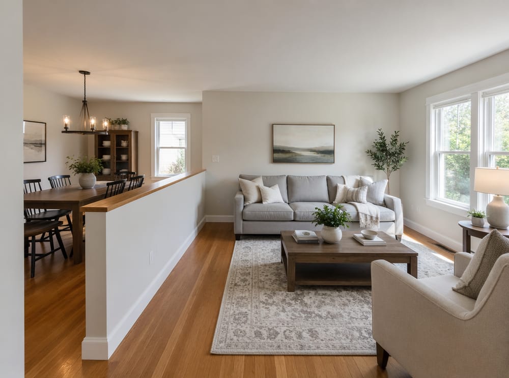 Oak-capped half-wall between living and dining