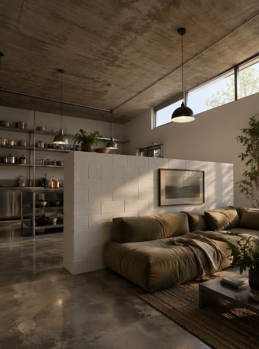 Concrete block partial wall in a loft interior