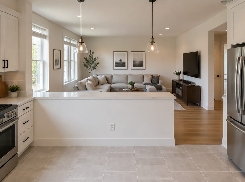 Peninsula half-wall with quartz top and pendants