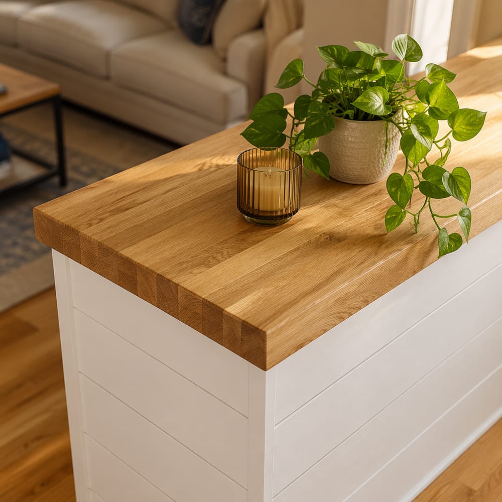 Butcher-block cap with trailing plant on shiplap divider