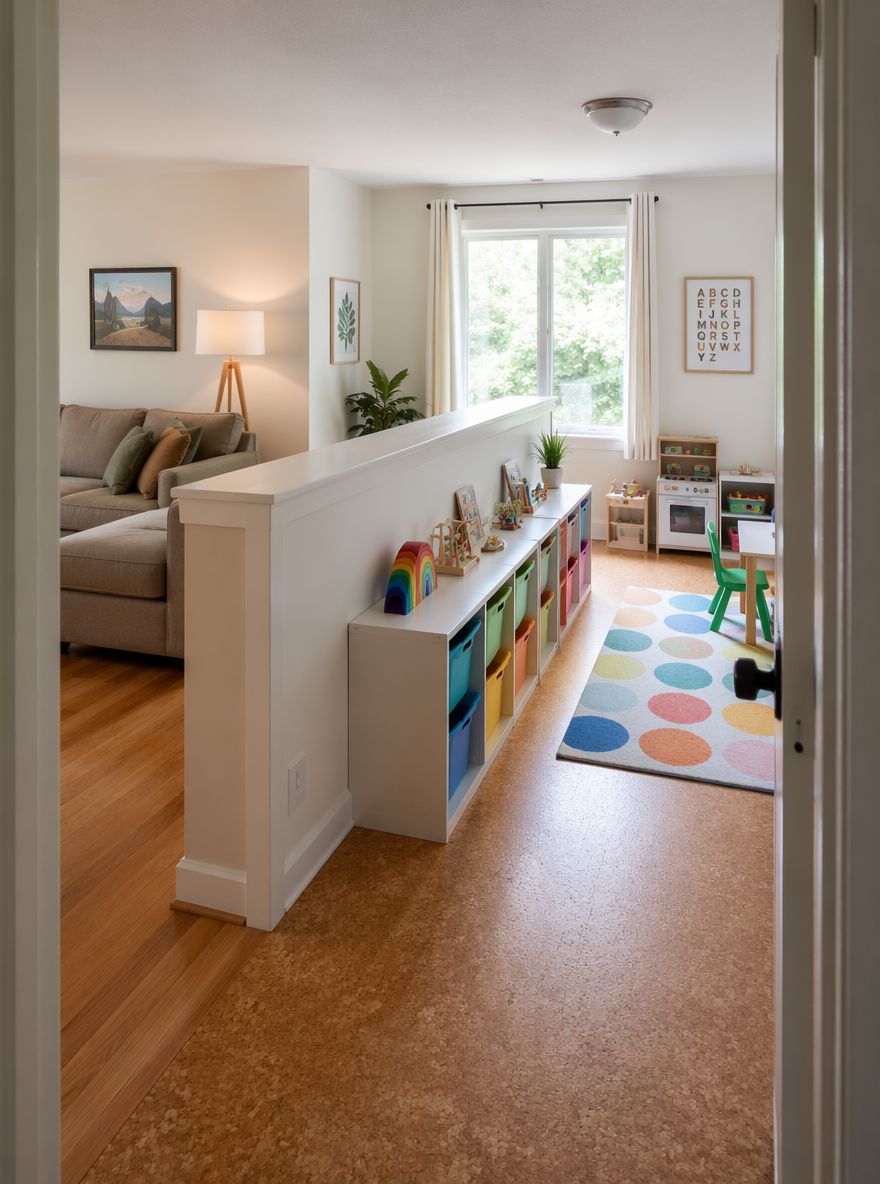 Low half-wall separating playroom from living area