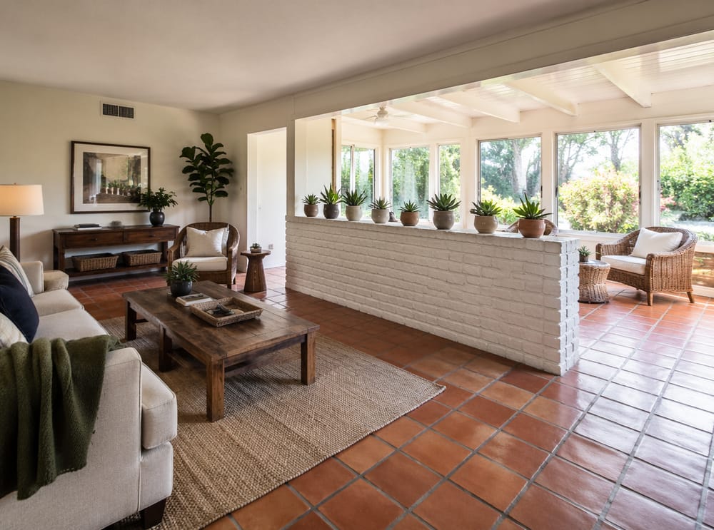 Painted brick half-wall opening to a sunroom
