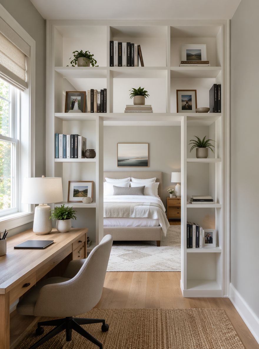 Floor-to-ceiling open cubby divider between bedroom and office