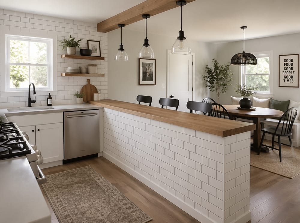 Subway-tiled breakfast bar half-wall with oak cap