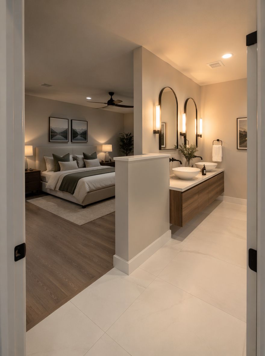 Half-wall separating bedroom from floating vanity zone