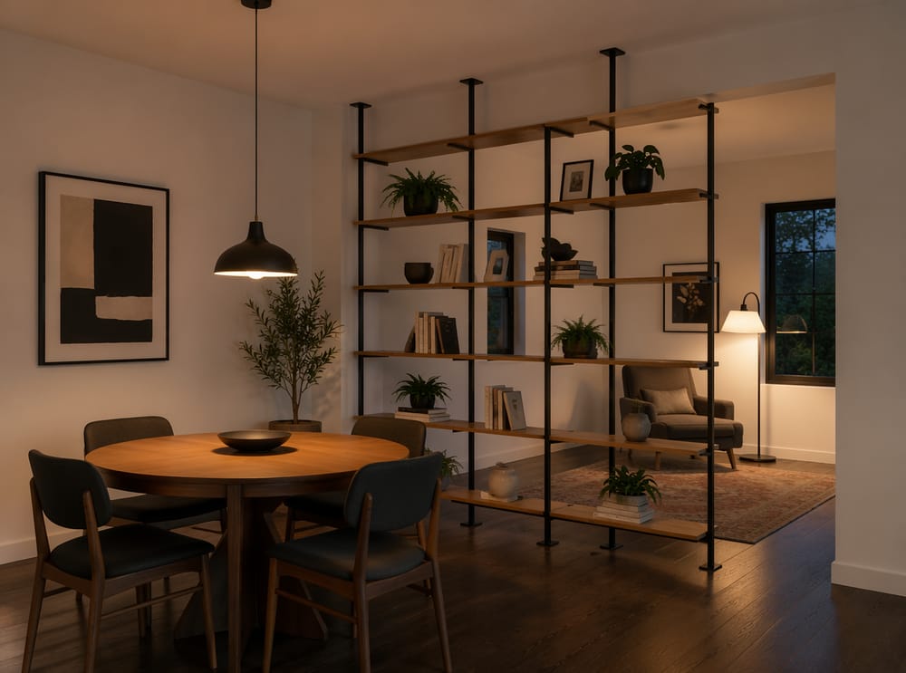 Matte black steel and oak shelving room divider