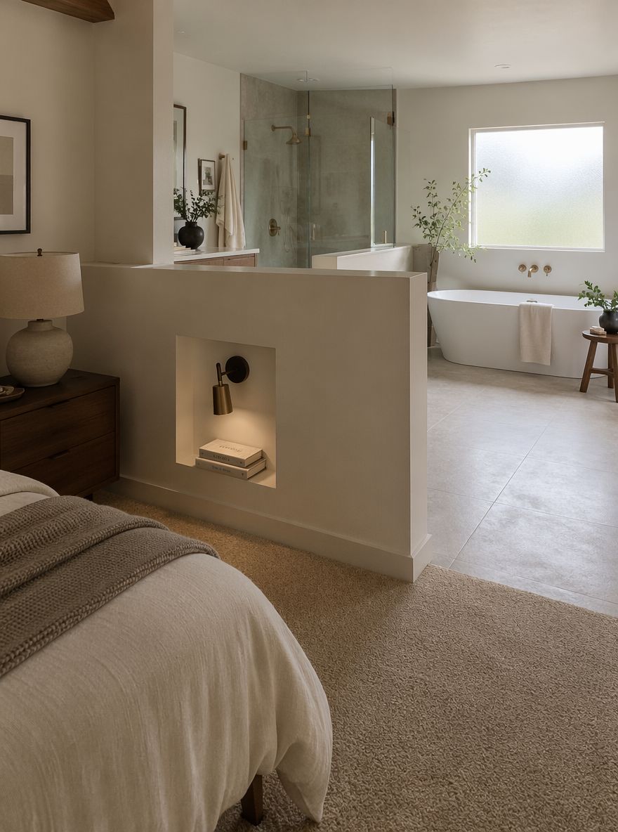 Half-wall niche separating bedroom from soaking tub