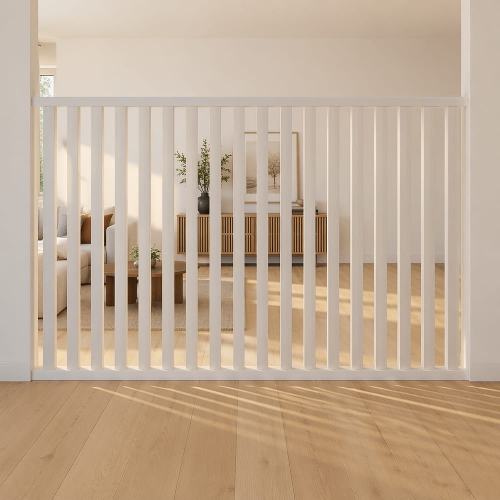 Vertical slatted half-wall with filtered sightlines